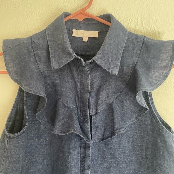 Women’s Corey Lynn Calter Blue Linen Button up Sleeveless Top with Ruffles.Small - Picture 4 of 8